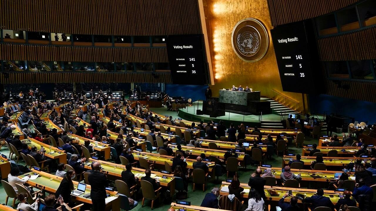 The results of a vote on a resolution concerning the Ukraine are displayed during an emergency meeting of the General Assembly at United Nations headquarters, Wednesday, March 2, 2022. (AP Photo/Seth Wenig)