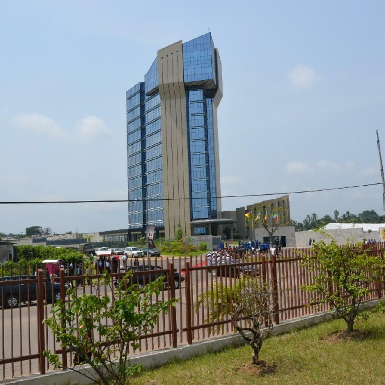 Picture taken on June 12, 2013 in Libreville of the new headquarters building of the economic and monetary community of Central Africa (CEMAC), the day of its inauguration. AFP PHOTO CELIA LEBUR (Photo by CELIA LEBUR / AFP)