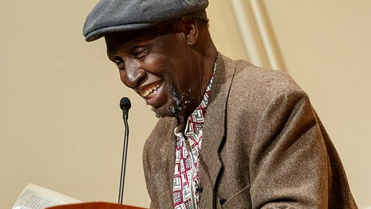 Renowned Kenyan writer Ngũgĩ wa Thiong&rsquo;o reads excerpts from his recent work in both Gikuyu and English during a presentation in the Coolidge Auditorium, May 9, 2019. Photo by Shawn Miller/Library of Congress…Note: Privacy and publicity rights for individuals depicted may apply.