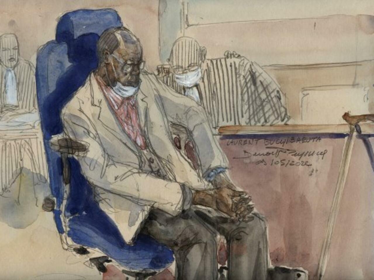 This court-sketch made on May 9, 2022, shows former senior Rwandan official Laurent Bucyibaruta during his trial for genocide. – Laurent Bucyibaruta went on trial in Paris on May 9, accused of complicity in the African nation&rsquo;s genocide, the most high-ranking figure yet to face justice in France over the 1994 massacres. The case of Laurent Bucyibaruta is the fourth from the Rwandan genocide to come to court in France, which had long been under pressure from activists to act against suspected perpetrators who had taken refuge on French soil. (Photo by Benoit PEYRUCQ / AFP) / —-IMAGE RESTRICTED TO EDITORIAL USE – STRICTLY NO COMMERCIAL USE—–
