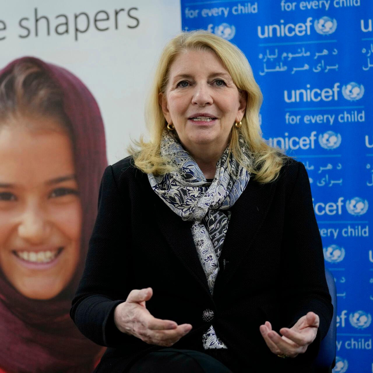 Catherine Russell, UNICEF’s executive director, speaks during an interview with the Associated Press, in Kabul, Afghanistan, Friday, Feb. 25, 2022. The United Nations, along with international organizations face mounting challenges to address a growing humanitarian crisis in Afghanistan. According to U.N. projections for 2022, over 1 million children will need treatment for malnutrition and up to 97% of Afghans could be living below the poverty line. (AP Photo/Hussein Malla)