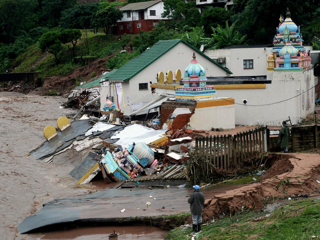 The Vishnu Hindu Temple was severely damaged by flooding on Mhlathuzana river in Chatsworth, outside Durban, South Africa, Tuesday, April 12, 2022. Prolonged rains and flooding in South Africa’s KwaZulu-Natal province have claimed dozens of lives, according to local officials. (AP Photo)