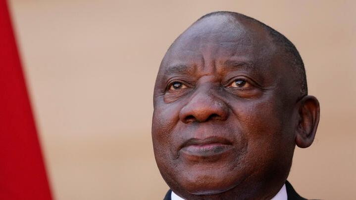 South Africa President Cyril Ramaphosa looks on during a joint media conference with German Chancellor Olaf Scholz at the Union Building in Pretoria, South Africa, Tuesday, May 24, 2022. (AP Photo/Themba Hadebe)